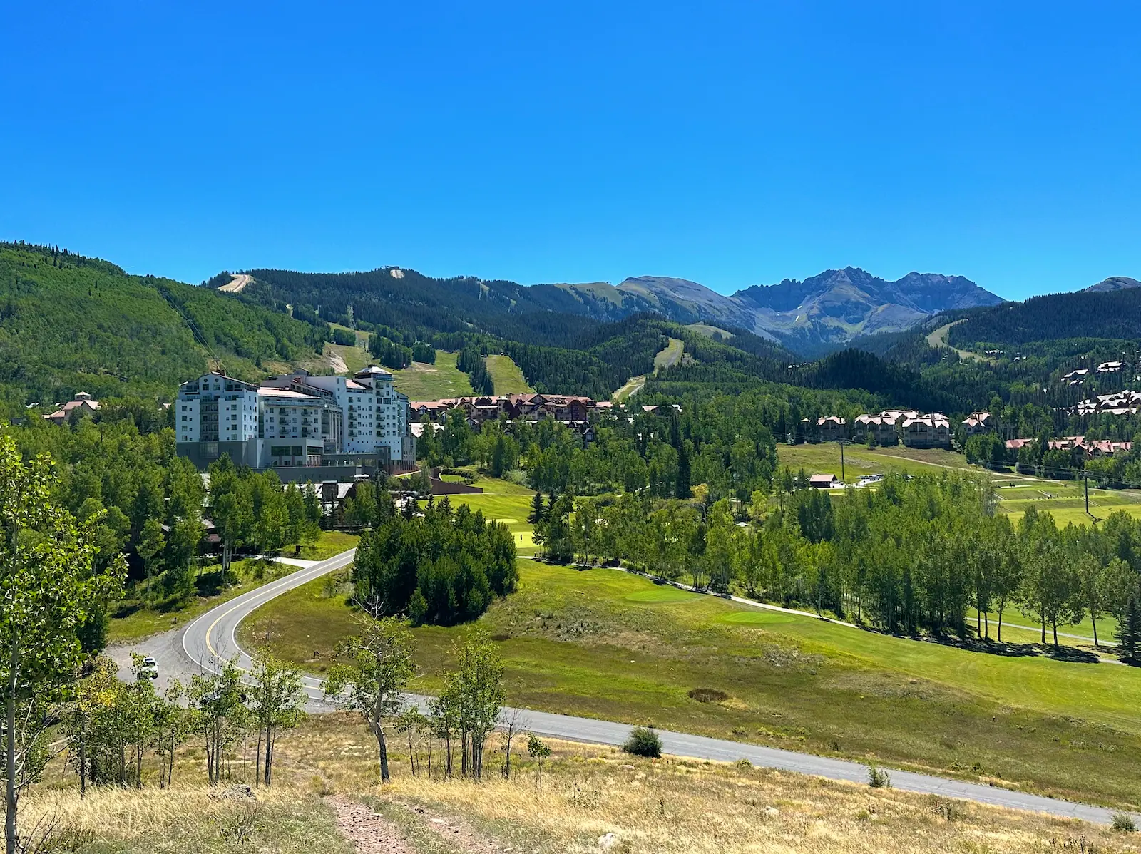 Mountain Village, Colorado in summer — alpine residences set among green forested slopes beneath the San Sophia range under a clear blue sky
