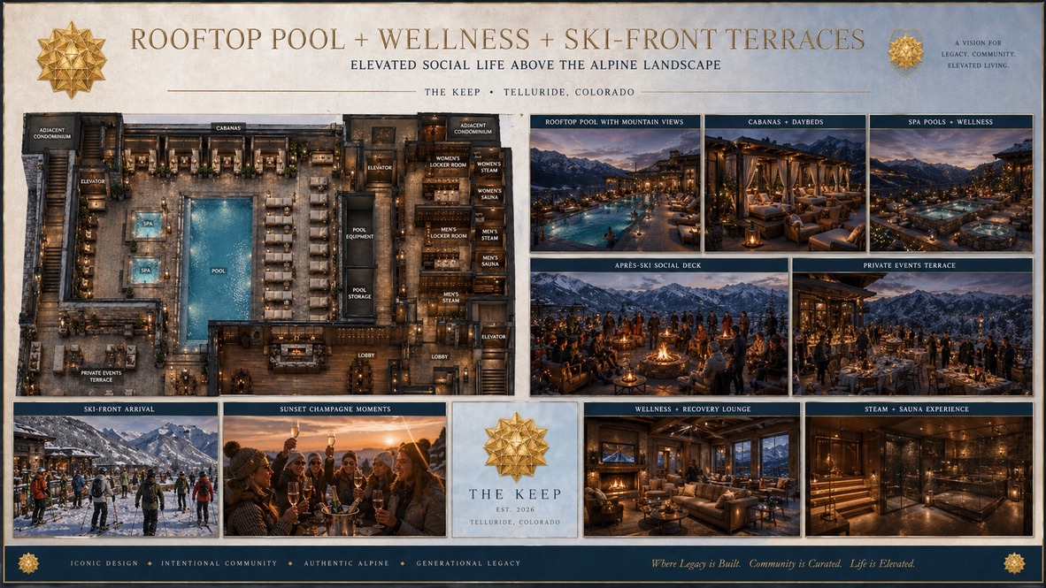 Rooftop pool, wellness, and ski-front terraces vision board