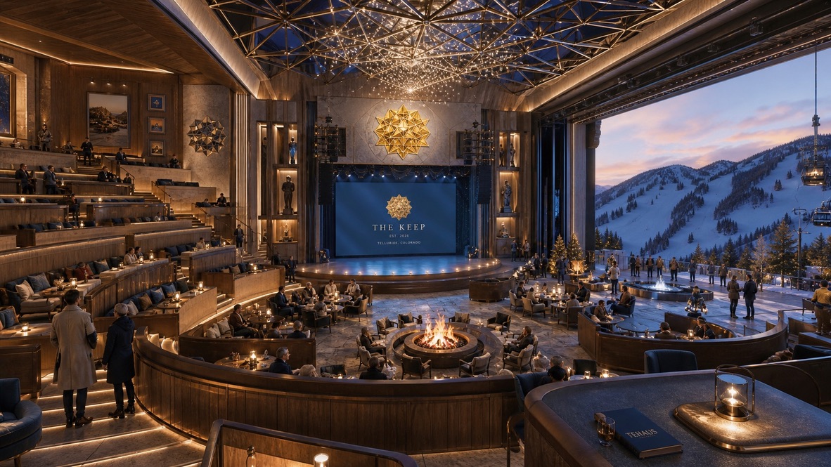The Keep grand performance hall with geodesic ceiling and ski-mountain view